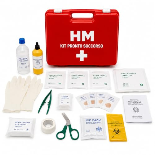 HM Cassetta Pronto Soccorso Aziendale, Conforme D.M. 388/03 Allegato 2, Valigetta Rigida Rossa, Supporto a Parete Incluso, per Uffici, Negozi, Laboratori e Piccole Aziende