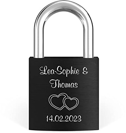 LIEBESSCHLOSS-FACTORY Liebes-Schloss Schwarz mit Laser-Gravur und Schlüssel, gratis Geschenkbox uvm. Jetzt graviertes Vorhängeschloss gestalten!