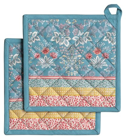 Maison d' Hermine Pot Holders 100% Cotton Heat Resistant Potholders 8 x 8 Hot Pads with Loop BBQ Cooking Baking Gifts for Mothers Day Handling Hot Pans Spring/Summer (Pack of 2, Marquise)