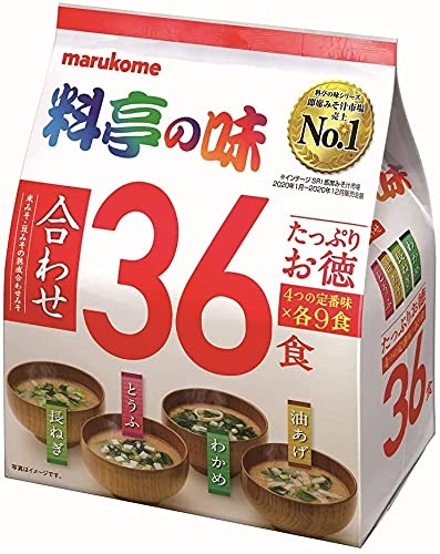 Marukome Soupe Miso Ryotei no Aji 4 Saveurs, Pack de 36 Soupes Miso Instantanées Japonaises (Algues Wakame, Oignons Verts, Tofu, Aburaage)
