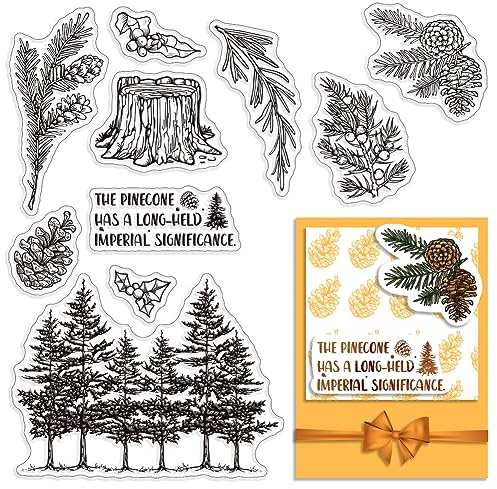 CRASPIRE Sellos de Goma Transparentes de Pino, Piñas, Hojas de Pino, Planta, Palabra, Tocón de Árbol, Sellos de Silicona con Matasellos Vintage Transparentes, Sellos para Diario, Fabricación