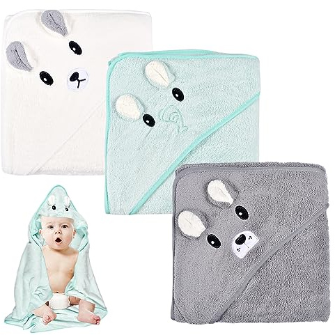 Funmo Kapuzenhandtuch Baby 3Pcs Baby Handtuch Kapuze Badetuch Babyhandtuch Mit Kapuze 80X80 cm Für Babybaden, Weich Super Saugfähig, Niedliches Kapuzenhandtuch Mit Muster 0-5 Jahre (Green)