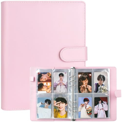 A5 Kpop Photocard Binder, 6 Ring Binder Album with 200 Card Slots, PU Leather Binder Cover with Magnetic Buckle Closure for Organizing Trading Cards - Pink
