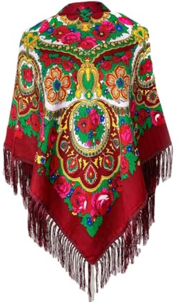 OWEIEYEU 135 * 135Cm Russian Square Scarf Retro Floral Print Bandana Scarves Traditional Fringed Shawl wine red 135X135cm
