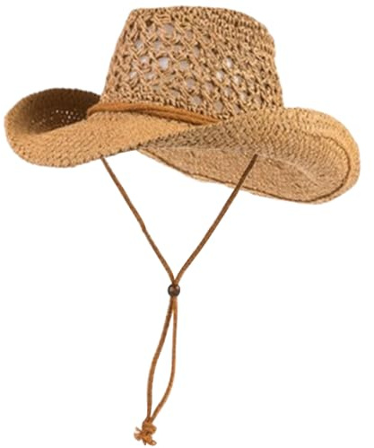 BEAHING Chapeau de Cowboy de Paille pour Hommes, Khaki, Taille Unique, Été, Cow-boy, Sun Protection, Breathable, Adjustable