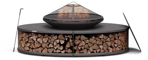 Blumfeldt Ebeko Brasero Exterieur - Barbecue & Table, 3-en-1 Brasero en Acier Durable, Pare-Étincelles & Tisonnier Inclus, Rangement Bûches, Housse Imperméable, Idéal Jardin & Terrasse, Noir