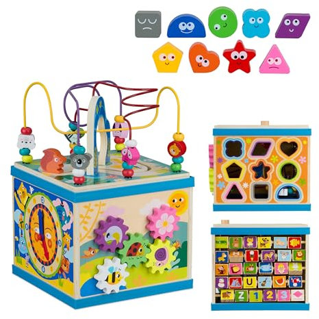 Relaxdays Motorikwürfel, Holz, Design A, Kinder ab 3 Jahren, Lernspielzeug für Mädchen & Jungen, Motorikschleife, bunt