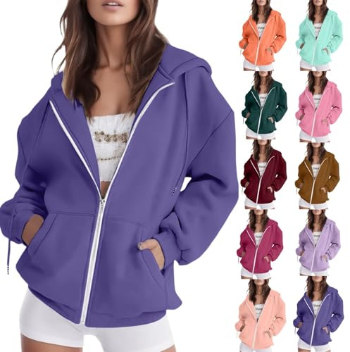 FNKDOR Women's Hoodies for Women UK Zip Up Hoodie Drawstring Oversized Y2K Ladies Spring Autumn Winter Full Zipper Jacket Plain Sweatshirt with Hooded Black Hoodie Women(A3 Purple,M)