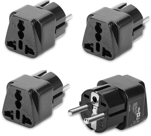 Welsberg 4 Adaptadores de Viaje de UK/US a EU, Adaptador Universal de Enchufe Inglés a Español, 3 Pines UK a 2 Pines EU para Europa, España, Francia, Alemania, Italia, Color Negro