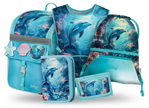 Baagl Schulranzen Jungen Mädchen Set 5 Teilig (Zippy Schultasche für 1. Klasse, Mäppchen, Turnbeutel, Schürze, Brustbeutel), Grundschule Ranzen, Ergonomischer Schulrucksack, 18 l (Delfin)