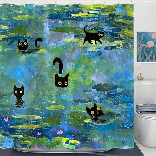 Accnicc Cute Cat Shower Curtain Funny Fun Cool Cats Monet Shower Curtains for Bathroom Water Lilies Waterproof Fabric Bath Curtain Decor 72 X 72 Inch