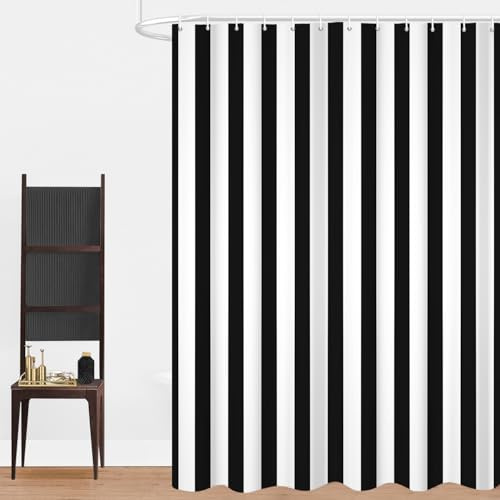 GCIREC Duschdraperi, 180 x 200 cm, svart och vit modern minimalism vertikala ränder vattentätt tyg maskintvättbar badrumsgardin med krok