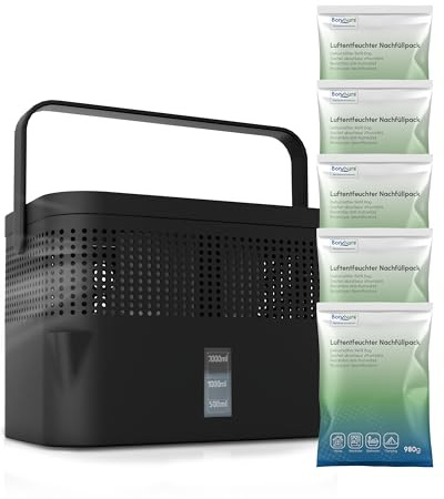 BonAura AirOne Max Max - Deshumidificador sin electricidad hasta 33 m², ventilación de 360°, deshumidificador con boquilla y 5 deshumidificadores de 980 g, granulado, protección contra moho y olores