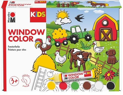 Marabu KiDS Window Color bondgårds-set, 6 x 25 ml, fönsterfärg för barn, avtagbara fönsterfärger, för glas, hantverk och kreativt set för målning, 03060000006