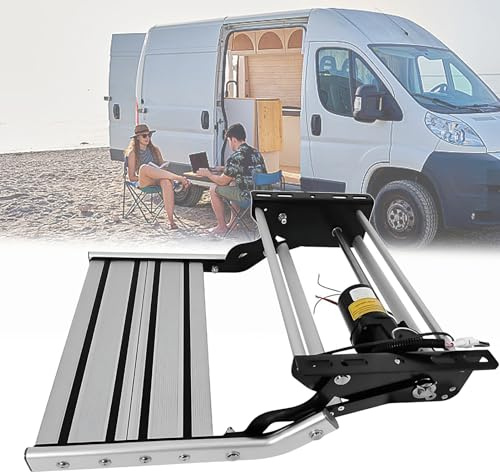 TDSYOCG Elektriska infällbara husbilssteg, dubbla lager elektriskt husbilssteg med ljus LED-belysning, 180 kg kapacitet vikbar ram av aluminiumlegering och halkfri yta för husbil husbil skåpbil