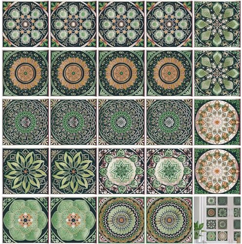 LIUZHUJ 24 Piezas Pegatinas para Baldosas de Cocina, Estilo-Marroquí Pvc Autoadhesivo Pared, Verde Azulejos Decorativos Impermeables, 10 Estilos Pegatinas para Azulejos, para Baño, Cocina, Balcón