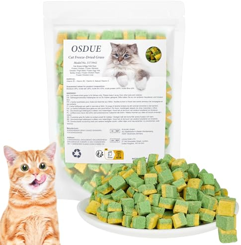 OSDUE Gefriergetrocknete Snacks für Katzen, 100g Katzensnacks, Katzengras Snack, Enthält Eigelb, Katzen Leckerlies ohne Getreide, ohne Zucker, Katzensnack ohne künstliche Zusatzstoffe