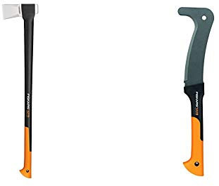 Fiskars 1015644 Ascia da Spacco X27, Lunghezza: 96 cm, XXL, Nero/Arancione & Roncola, Lunghezza: 50,5 cm, Rivestimento Antiaderente, Lama in Acciaio temprato/Manico in plastica Rinforzata