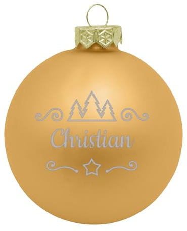 Deitert Weihnachtskugel mit Namen oder Wunschtext graviert, Ø 8cm, personalisierte Christbaumkugel aus Glas (matt), individueller Weihnachtsbaumschmuck mit Gravur, Tannen-Motiv, Gold
