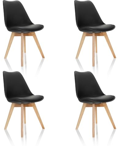 hjh OFFICE 661011 SCANDI - Besökarstol konferensstol Svart, Uppsättning om 4 matsalstolar Scandi plast vitt massivt trä ben bok, stol vadderad retro design, Set i 4-pack