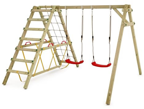 WICKEY Kinderschaukel Schaukelgestell Smart Hike rot - Schaukel & SurfSwing, Schaukelgerüst, Doppelschaukel, Holzschaukel mit Kletteranbau für Kinder im Garten