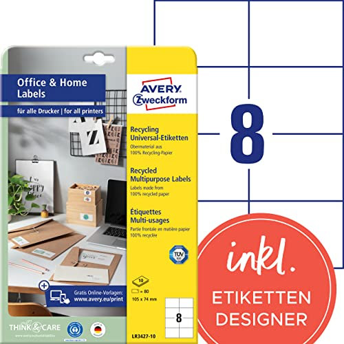AVERY Zweckform LR3427-10 Recycling Etiketten (80 Adressaufkleber, 105x74mm auf A4, 100% recyceltes Altpapier, bedruckbare Versandetiketten, selbstklebende Versandaufkleber) 10 Blatt, naturweiß