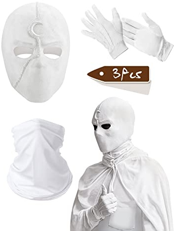 KESOCORAY 3 Pieces Moon Mask Latex Helmet Knight Set White Gloves Neck Mask Helmet Cosplay Costume Mask Halloween Masquerade Prop