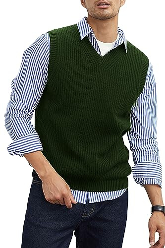 zhilifs Maglia a V-collo lavorato a maglia da uomo Plain senza maniche Pullover Knitwear Loose Fit All Match Tops_Dark green_X-Large