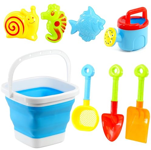 The Magic Toy Shop Portable Beach Playset Including Foldable Bucket Rake and Shovel Perfect for Sandcastle Building and Beach Fun