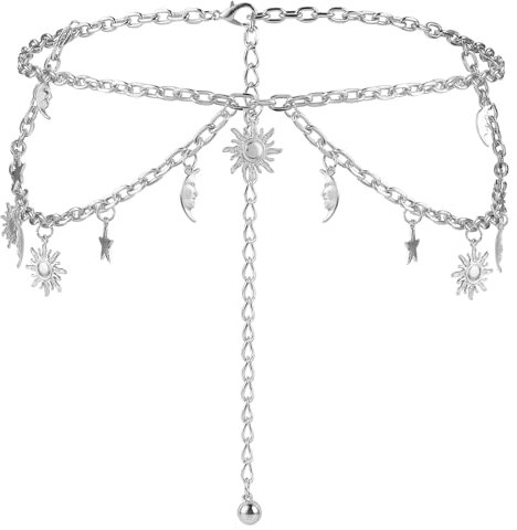 Amaxiu Doppelschichtiger Damen Metallkettengürtel, Mondstern verstellbare Taillenkette verzierter Metallgliedergürtel dünne Bundkette für Kleider Jeans(Silber)