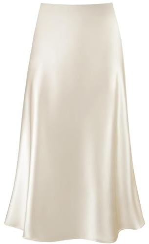 Modegal Women's Satin High Waist Hidden Elasticized Waistband Flared Casual A Line Midi Skirt (Beige, Medium,)