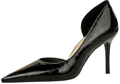 Cuir Verni Bout Pointu Escarpins Femme Talon Haut Sexy Talon Aiguille 8cm À Talon Bloc Haute pour Bureau Mariages Fêtes (39,Noir)
