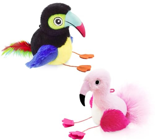 Migipaws 2 Pack Chirping Bird Cat Toys, Interactive Cat Feather Toy Set with Flamingo & Toucan, Plush & Catnip Kitten Kicker Toys for Hunting Fun