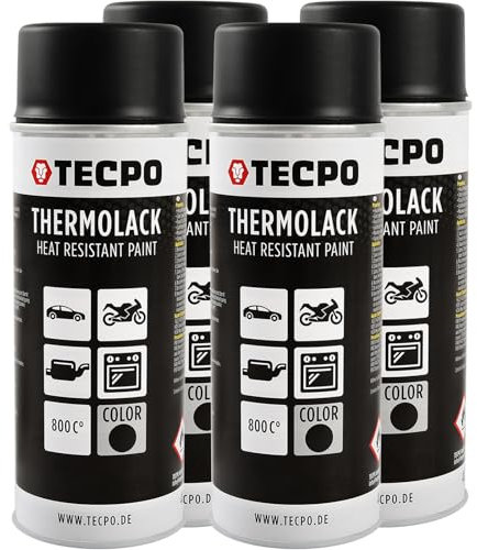 TECPO Thermolack Spray Dose 4X 400ml Auspufflack Autolack Ofenlack Bremssattellack hitzebeständig bis 800°C schnell trocknend Auto Lackspray Schwarz Matt schützt Motor und Auspuff vor Rost (4er-Pack)