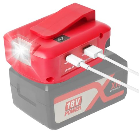 QUPERR USB-Akku-Adapter für Einhel_l_Power Change 18V Akku-System mit DC 12V Anschluss & Zwei USB-Anschlüssen & LED-Arbeitsleuchte & Gürtelclip