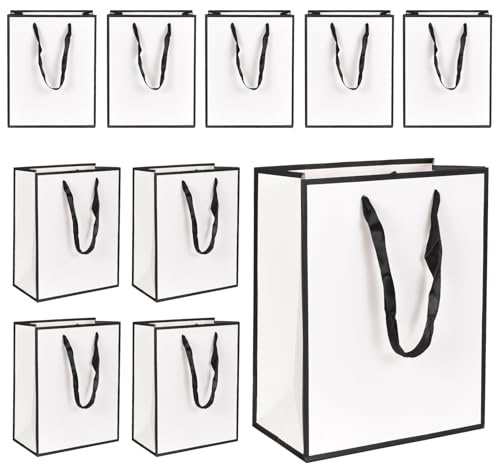 Lot de 10 sacs cadeaux en papier kraft avec anse - 18 x 10 x 23 cm - Réutilisables - Pour aliments, pâtisserie, marchandises, shopping, anniversaire, mariage, fête de Noël (blanc-1)