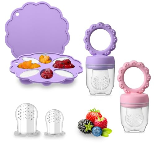 Comedero de frutas para bebés (4 meses en adelante), incluye chupete de dentición y molde para congelar leche materna, chupete de frutas sin BPA para el destete del bebé, calmante y autoalimentación