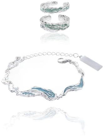3 Stück Set Unregelmäßige Ripple Armreif Einstellbare Öffnung Paar Ring Paar Ring See Armband Boho Armband Wave Armband für Frauen, Einheitsgröße, Edelstahl, Zirkonia
