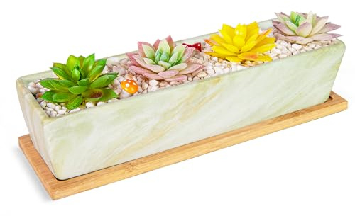 ARTKETTY Succulent Plant Pots - Large Succulent Planters with Drainage Tray, Window Sill Planter, Long Rectangle Ceramic Pot for Indoor Cactus Plants Shallow Bonsai Window Box