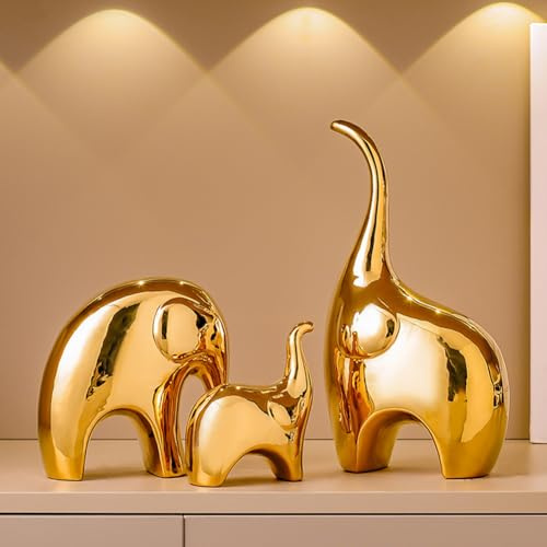 Elefantes Decoracion Figuras, Estatua Moderna de cerámica, Elefante de la Buena Suerte, para estanterías, Salas de Estar, oficinas, mesas. Regalo para los Amantes de los Elefantes. (Dorado)