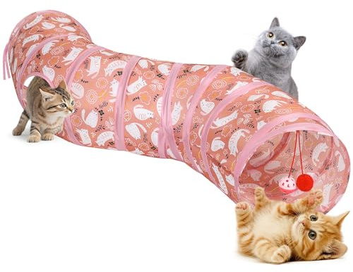 Pawaboo Cat Tunnel, S-Shaped Cat Tube Tunnel 25 * 97cm(9.8''*38.2'') with Balls and Bells, Collapsible Portable Kitten Play Tent Toy Interactive Cats House with Peep Holes for Kitty, Pink Kitties