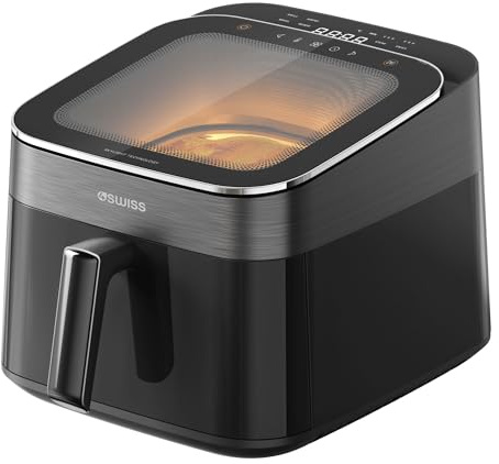 4SWISS Heißluftfritteuse mit Sichtfenster 6,5L, Airfryer XL 1700W mit 12 Programme, 180 °C in 1,44 Min, Air Fryer Ölfrei und Leicht zu Reinigen, Energiesparend (ABB-025 Skylight)