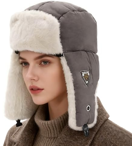 LY4U Herr och dam vinter trapper-hatt med öronlappar, vindtät termisk vintermössa för skidåkning, vandring, utomhusaktiviteter (passar 54–60 cm)
