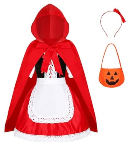 Générique Deguisement Costume Robe de Petit Chaperon Rouge avec Manteau à Capuche et Tablier pour Enfant Fille Taille