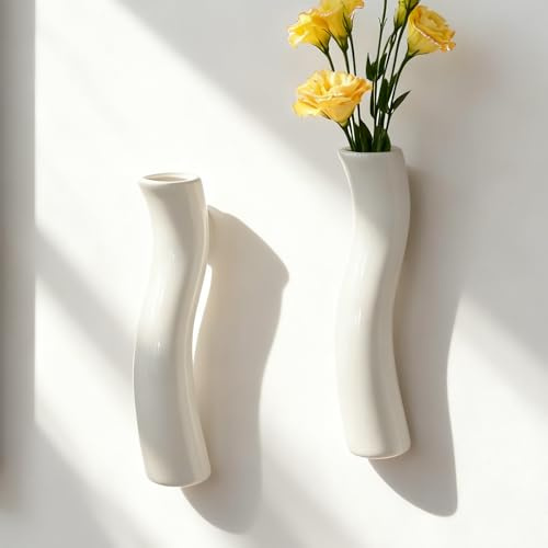 GDSZJLJ Set of 2 Wall Ceramic Vase, White Matte Hanging Wall Vase, Modern Minimalist Ceramic Vases for Dried or Fresh Flowers, Easy Mount Decor for Living Room & Entryway
