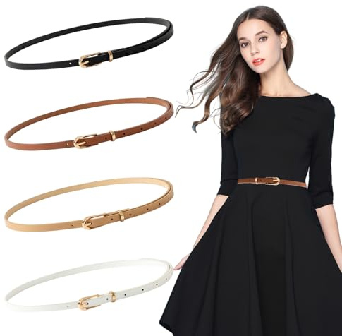 ONGNIUU Cinturón Fino para Mujer de Cuero PU, 4 Piezas Cinturones Vintage para Mujer Hebilla Metálica, Cinturón de Moda, Delgado y Elegante para Vestir con Jeans, Vestidos, Blusas y Cárdigans-1cm