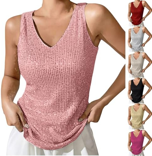 Generisk glitter topp damer party rosa, paljetter crop top damer silver tank topp sexig glitter väst v-ringad axelbandstopp ärmlös glitterblus klubb linne karneval outfit, Vit, M