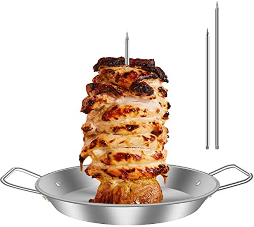 Vertical Meat Skewer Stainless Steel BBQ Vertical Skewer Grill with 3 Replacement Spikes Barbecue Verticals Kebab Skewers Stand kebab plate and skewers with Handle for Whole Chicken Fish Sausage Steak