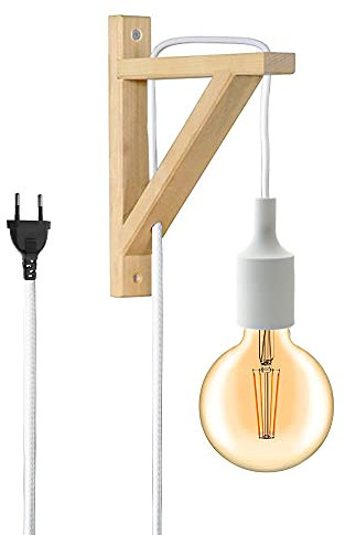 BarcelonaLED Aplique de Pared con Cable Enchufe Interruptor Nórdico de Escuadra de Madera Colgante de Silicona Blanco Casquillo E27 LED