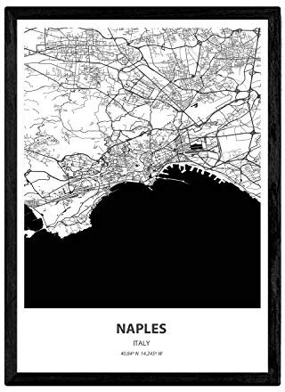 Nacnic affisch med karta över Neapel - Italien. Bilder på städer i Italien med hav och floder i svart. A3 storlek med ram